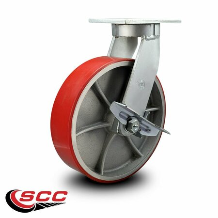 Service Caster 12'' Extra Heavy Duty Red Poly on Cast Iron Wheel Swivel Caster with Brake CRAN-SCC-KP92S1230-PUR-RS-SLB